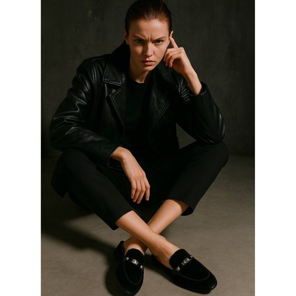 Marc Fisher Women's SZ 8.5 Wishing Mules Black Velvet Studded Slip On Loafers